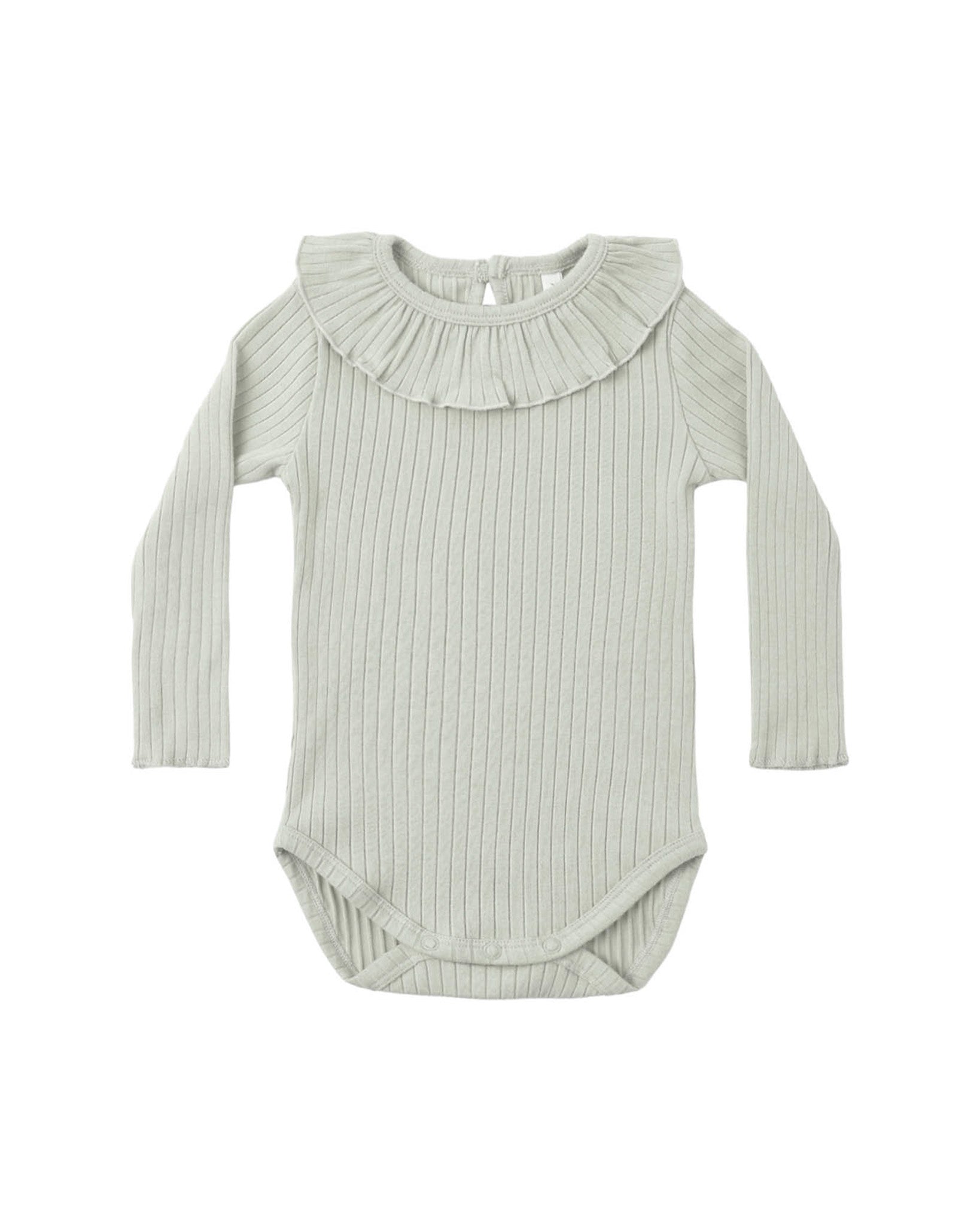 Sage ribbed baby bodysuit with ruffled collar on a white background