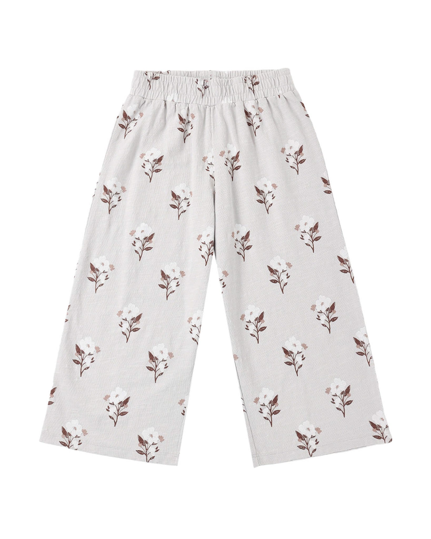 Light Grey elastic waste children's wide leg pants with wildflower print from Rylee + Cru
