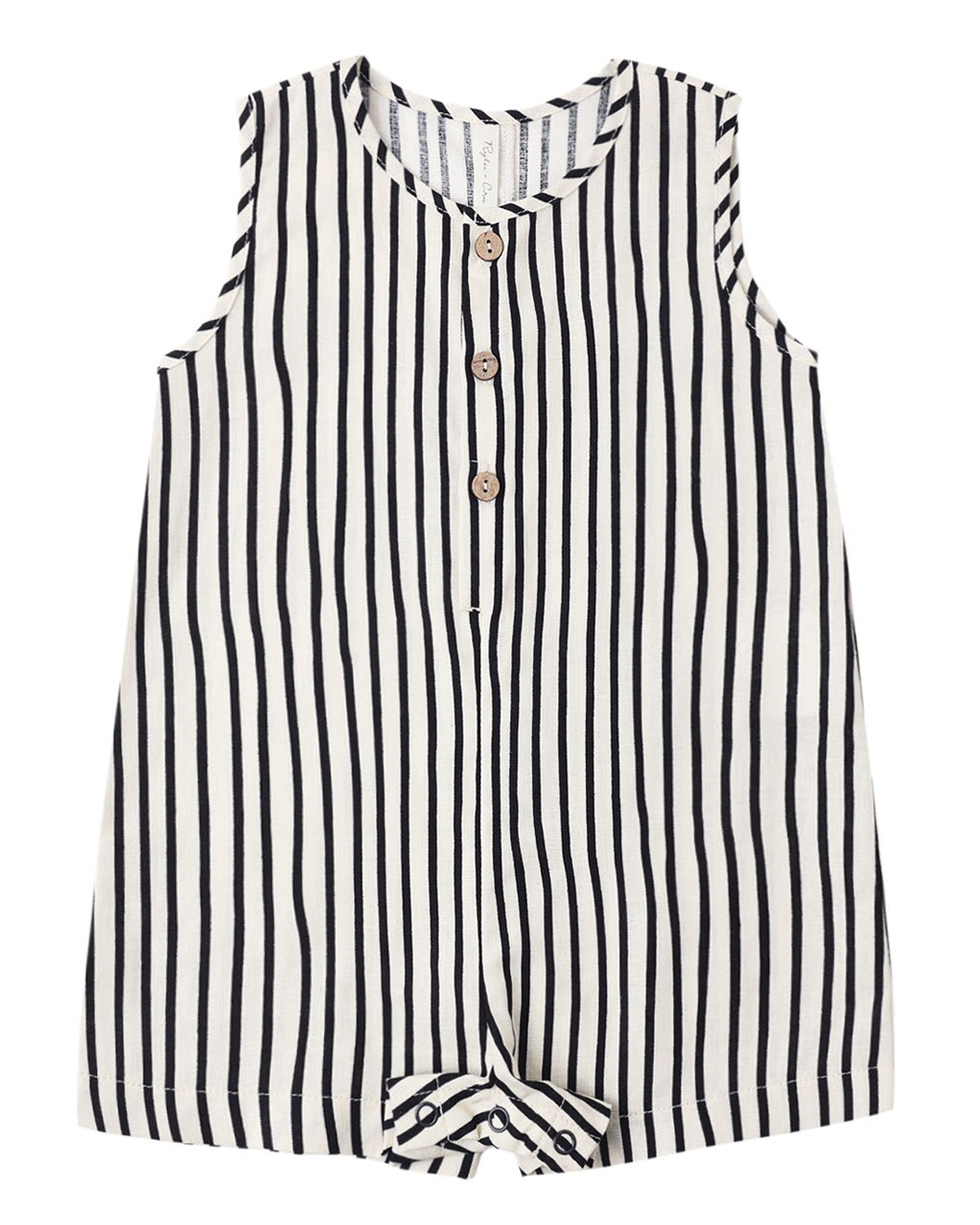 Black and white striped romper with three buttons on a white background