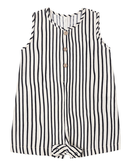 Black and white striped romper with three buttons on a white background