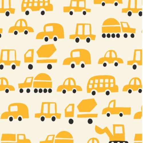 Pattern of yellow transportation vehicles on a white background