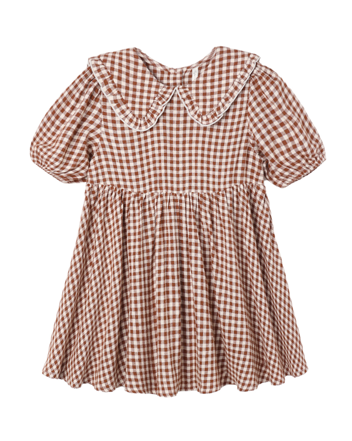 A short-sleeve gingham dress with a large Peter Pan collar, featuring a brown and white checkered pattern with white piped trim, shown against a plain white background.