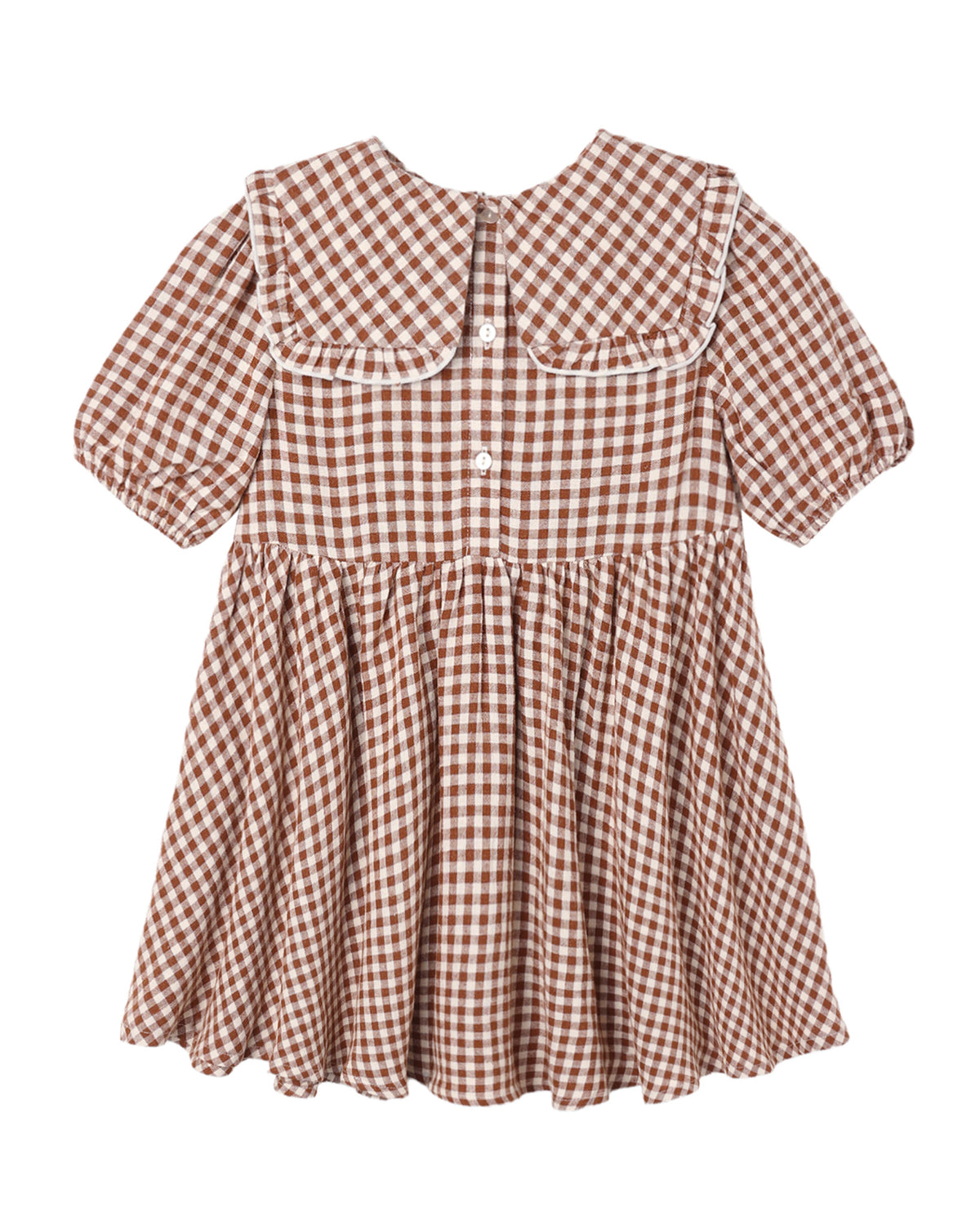A short-sleeve gingham dress in brown and white check, featuring a ruffled Peter Pan collar and button front, shown against a plain white background.