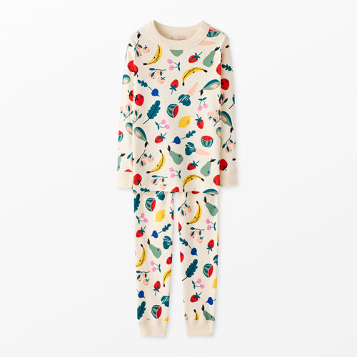 Children's pajama set with fruit pattern on a white background