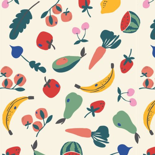 Pattern of colorful fruits and vegetables on a white background