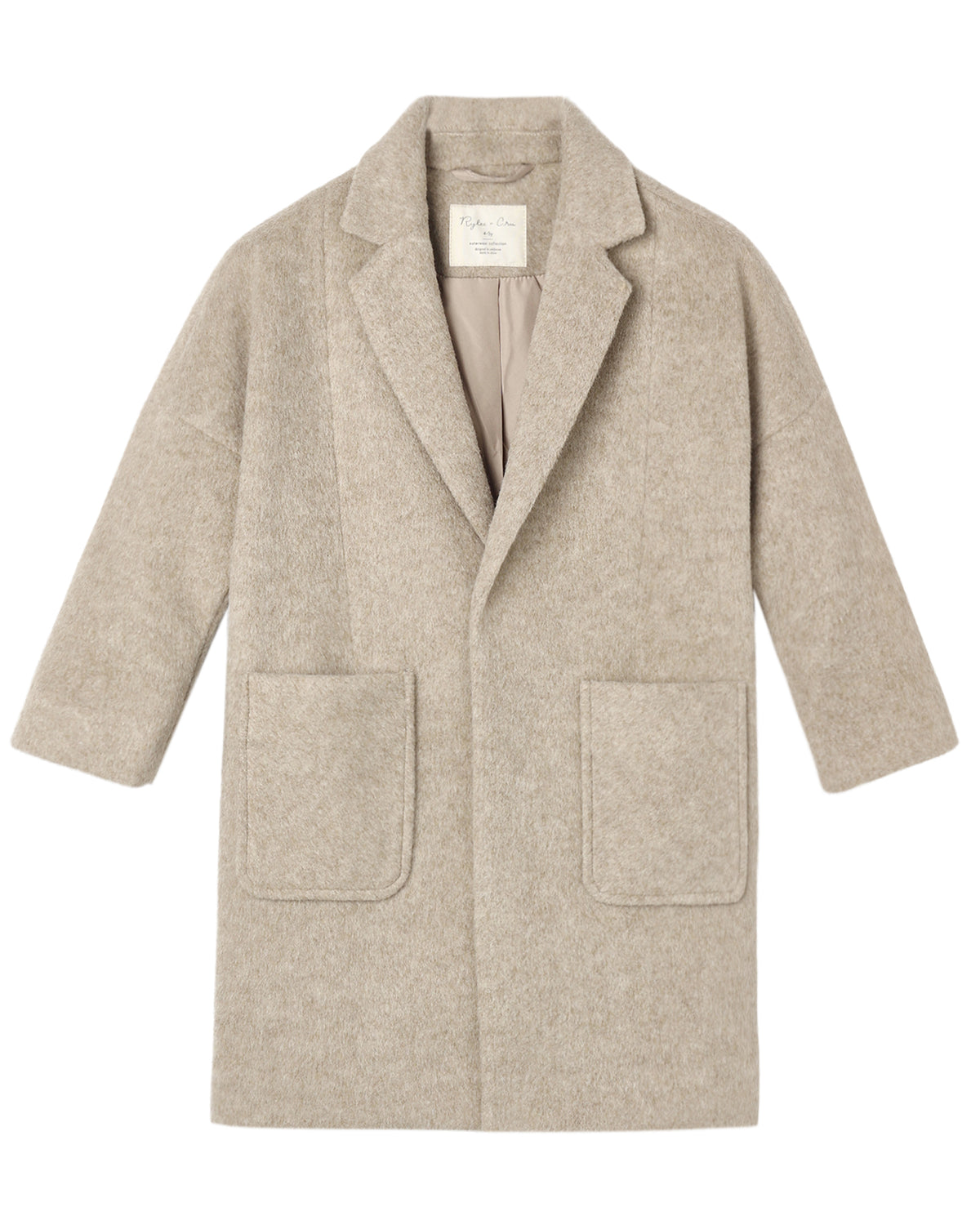 A light beige wool-blend coat with notch lapels, three-quarter sleeves, and two large front patch pockets, shown flat against a white background.