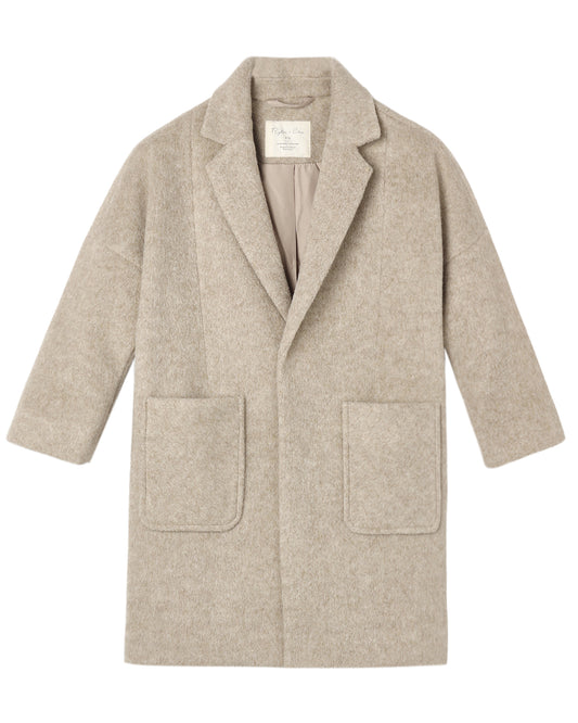 A light beige wool-blend coat with notch lapels, three-quarter sleeves, and two large front patch pockets, shown flat against a white background.