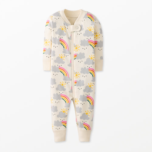 Children's zip onesie with rainbow and cloud pattern on a white background