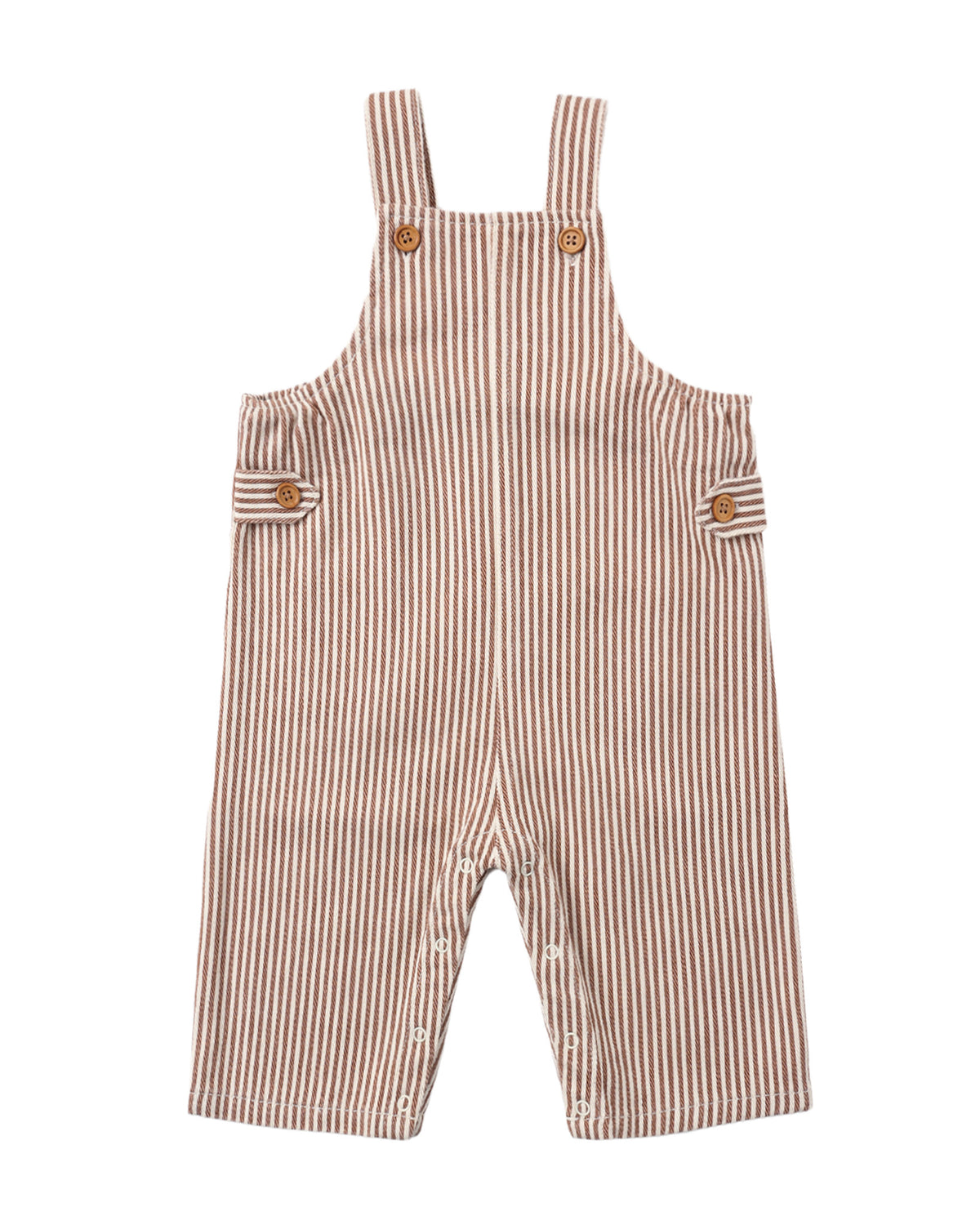 A baby romper in a brown and cream vertical stripe pattern, featuring adjustable shoulder straps with decorative wooden buttons, side pockets with button closures, and snap-button leg openings.