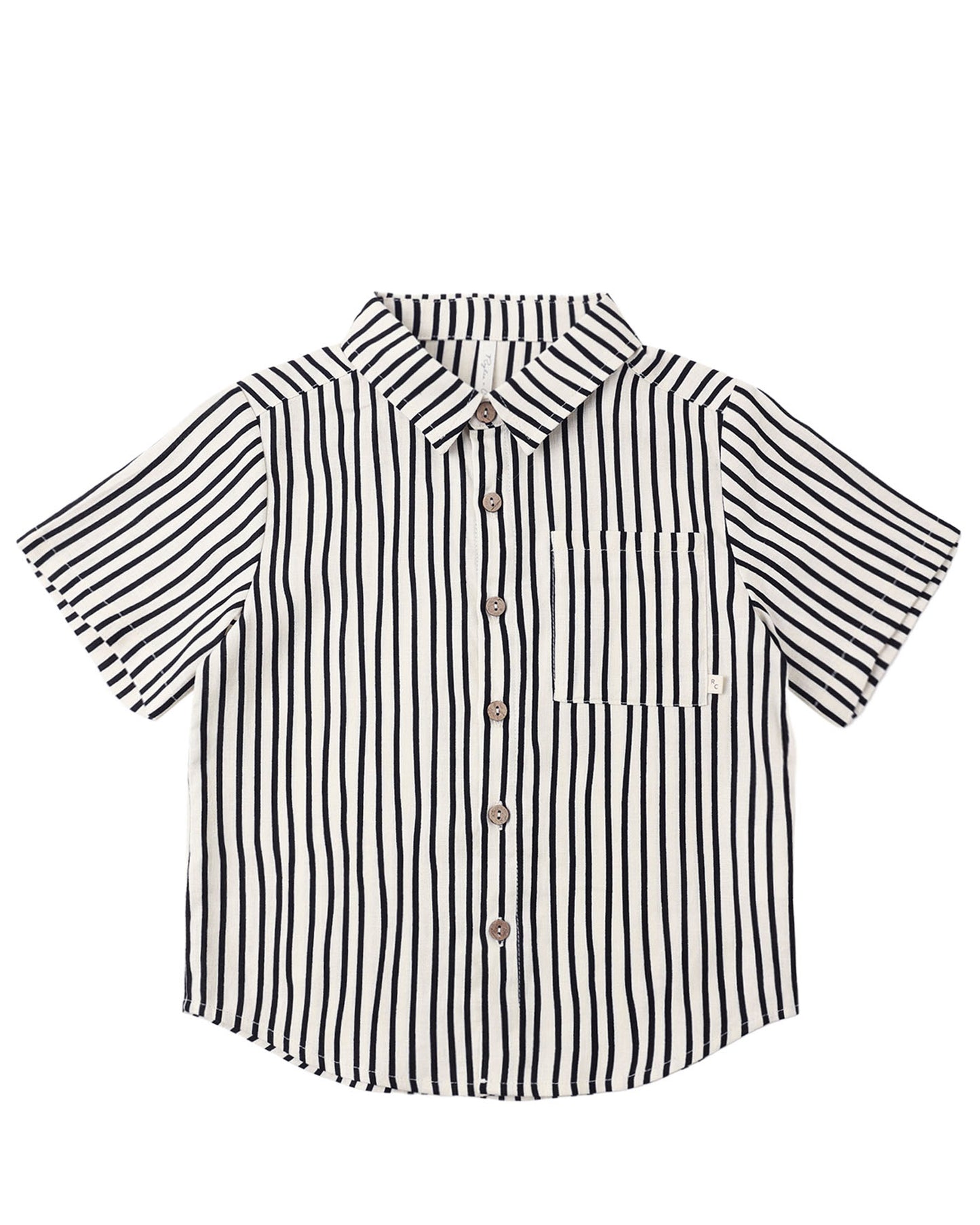 Black and white striped collared short sleeved shirt, with buttons on a white background