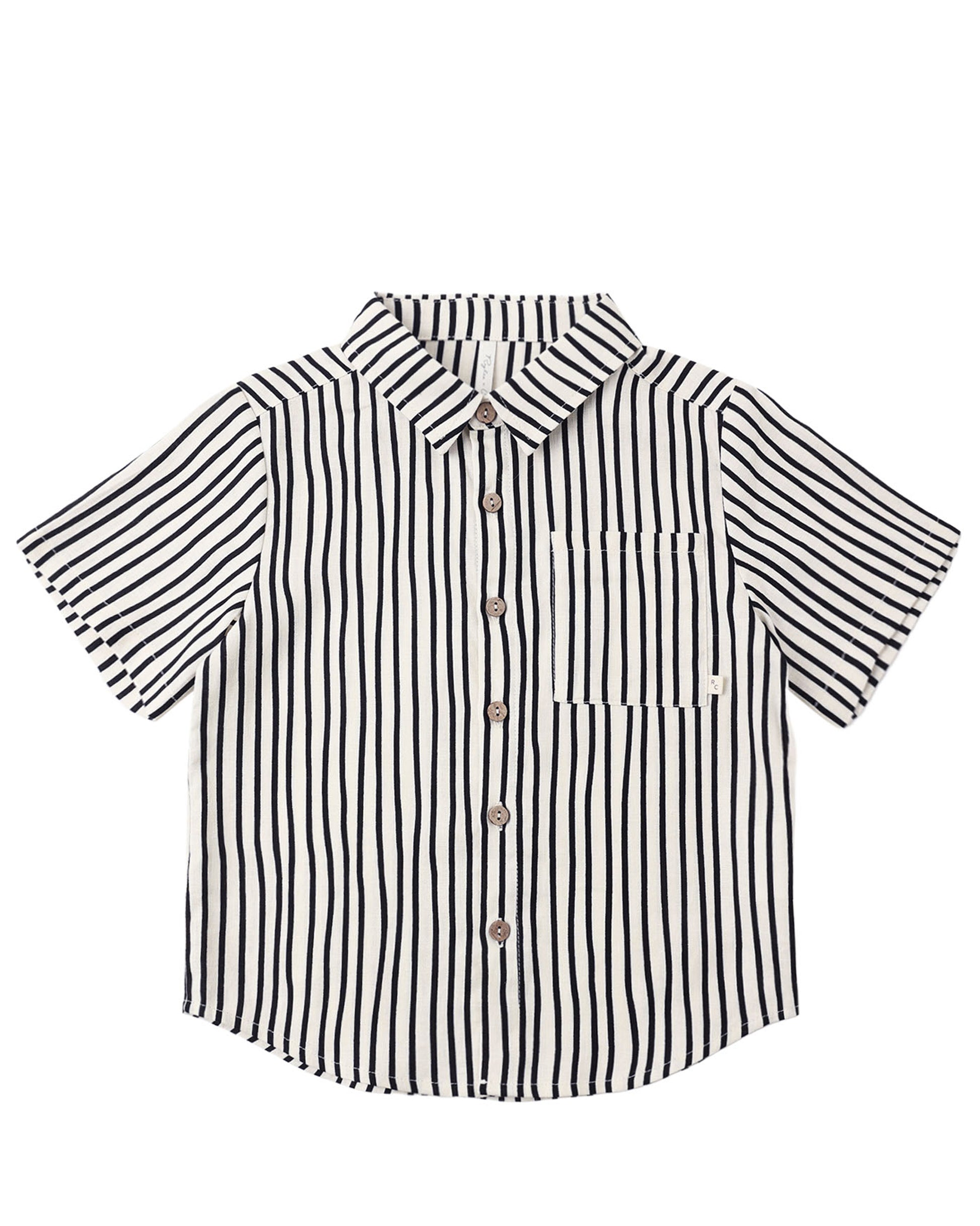 Black and white striped collared short sleeved shirt, with buttons on a white background