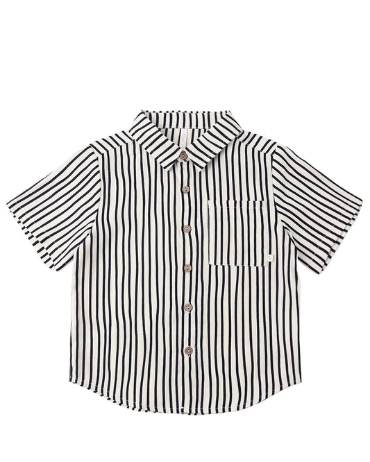 Black and white striped collared short sleeved shirt, with buttons on a white background