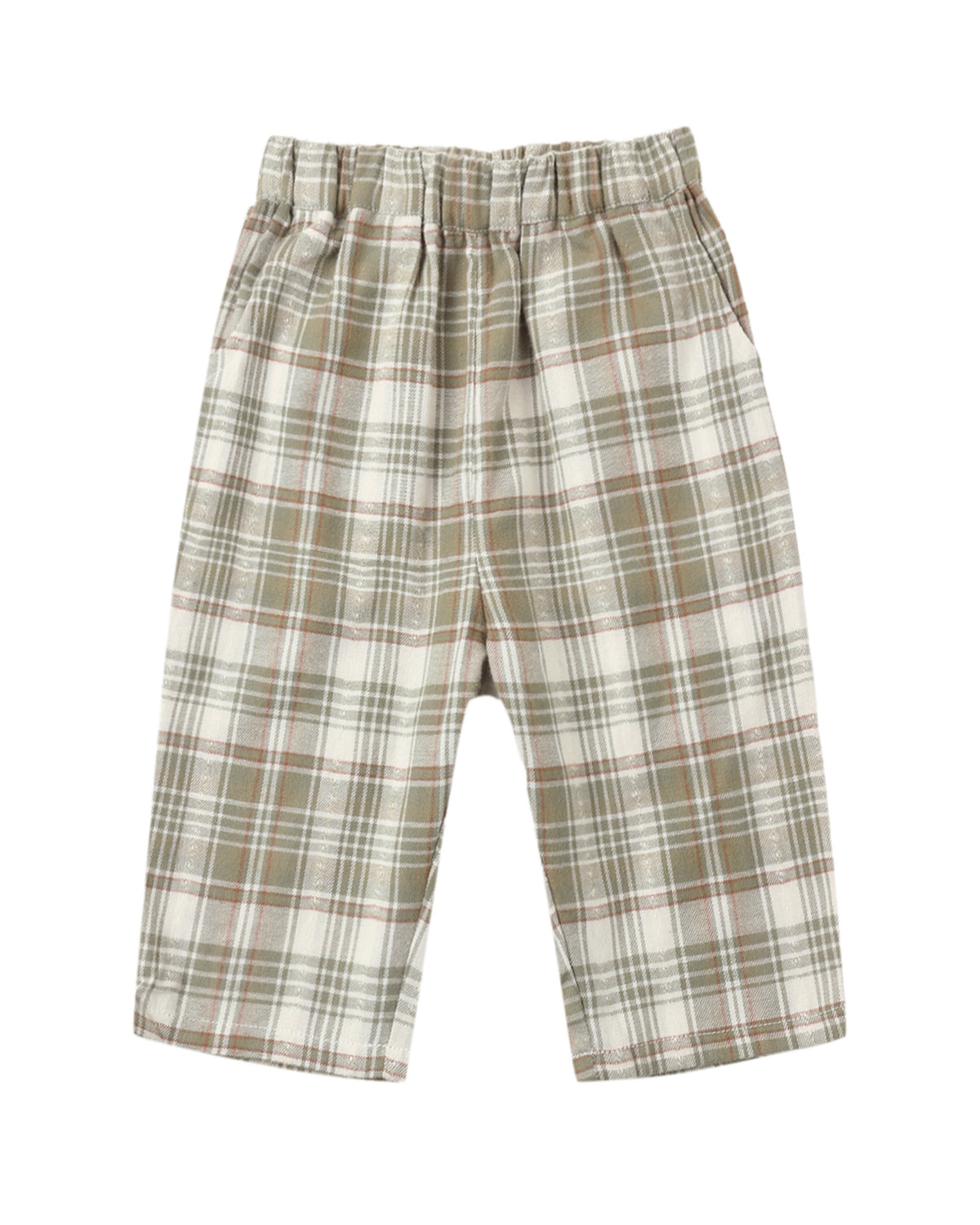 A pair of toddler's plaid trousers in beige, brown, and white, featuring an elastic waistband and side pockets, shown against a plain white background.