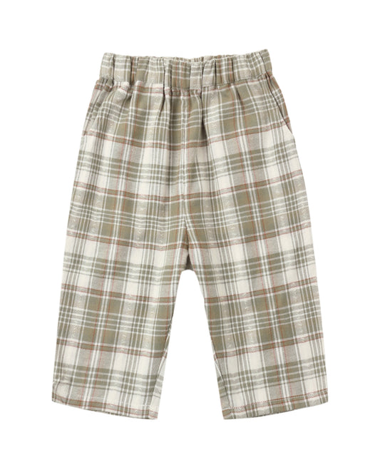 A pair of toddler's plaid trousers in beige, brown, and white, featuring an elastic waistband and side pockets, shown against a plain white background.