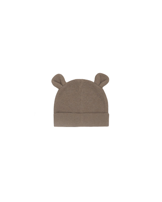 Brown knit baby hat with bear ears on a white background