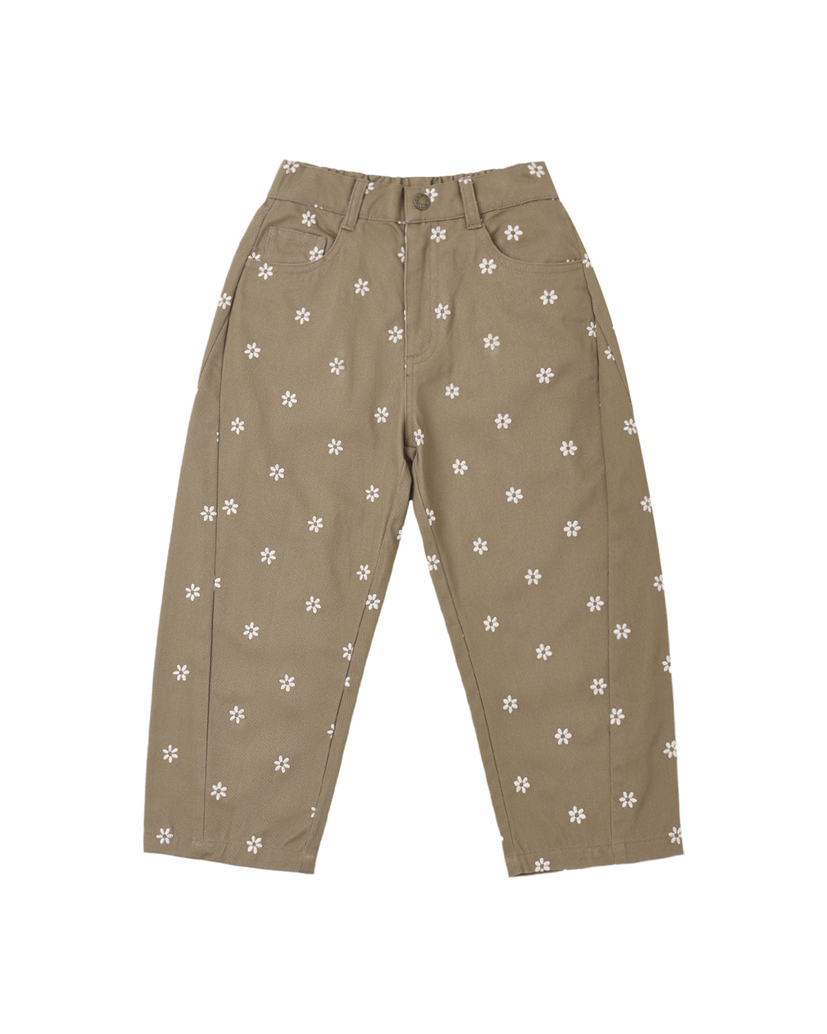 Khaki pants with white floral pattern on a white background