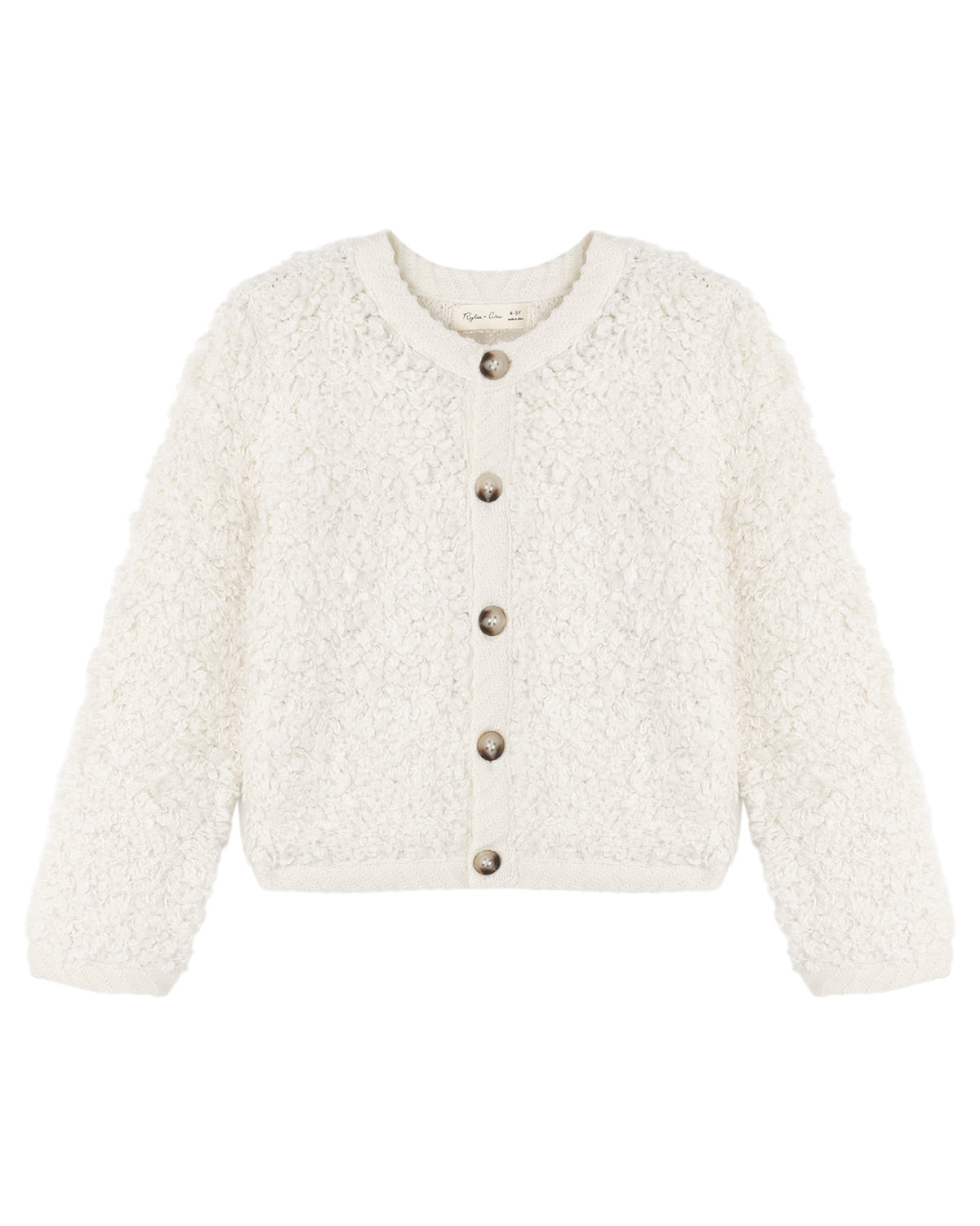 Ivory button down cardigan on white background