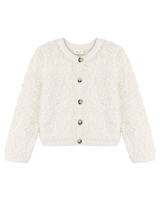 Ivory button down cardigan on white background
