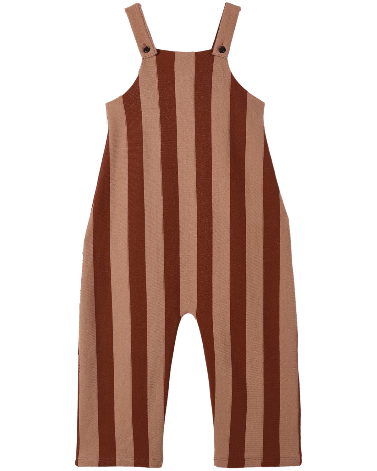 Brick and clay colored striped baby overalls on a white background