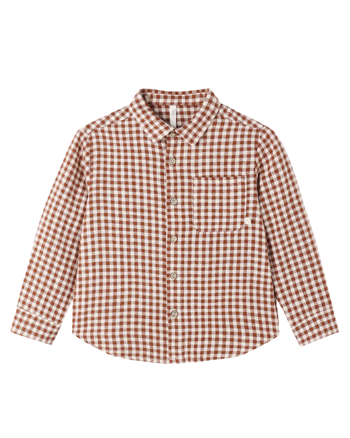 Collared long sleeve gingham button down shirt on a white background