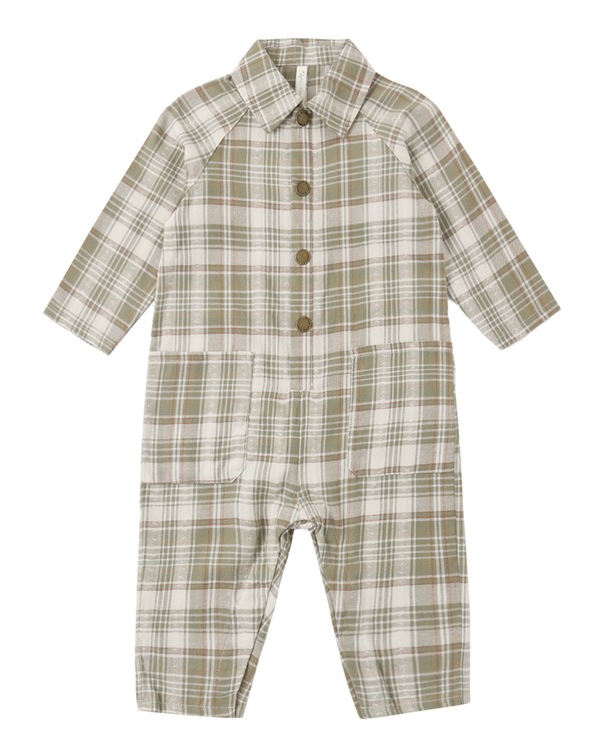 Plaid baby jumpsuit in shades of olive green, on a white background