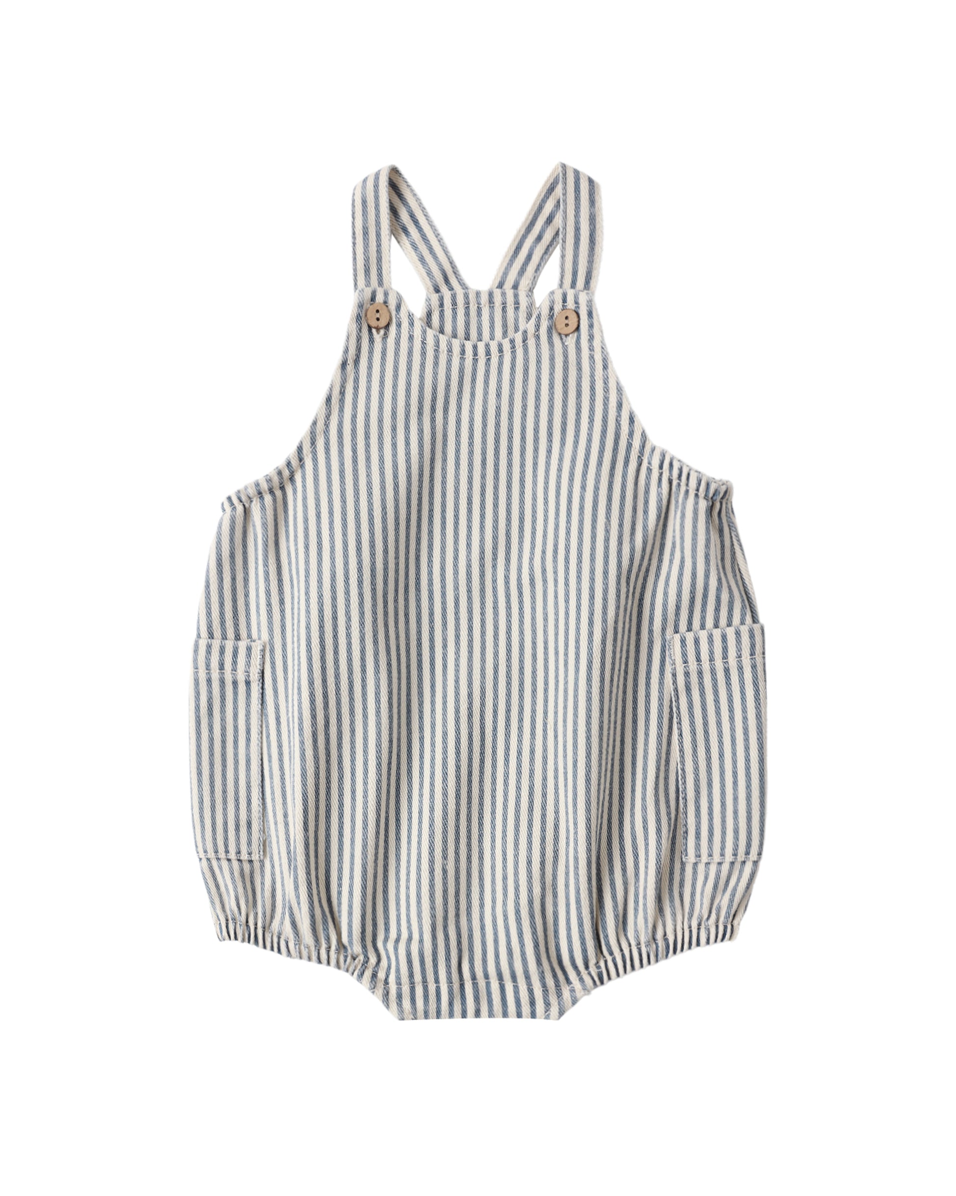 Blue and white striped romper on a white background