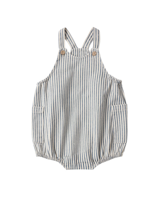 Blue and white striped romper on a white background